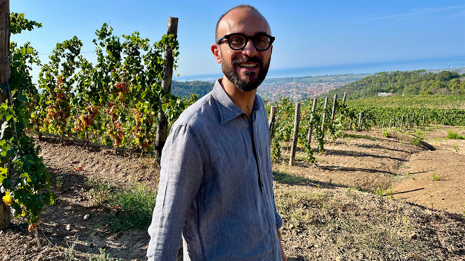 Diego Bosoni standing in one of Cantine Lunae Bosoni's high-altitude Vermentino vineyards